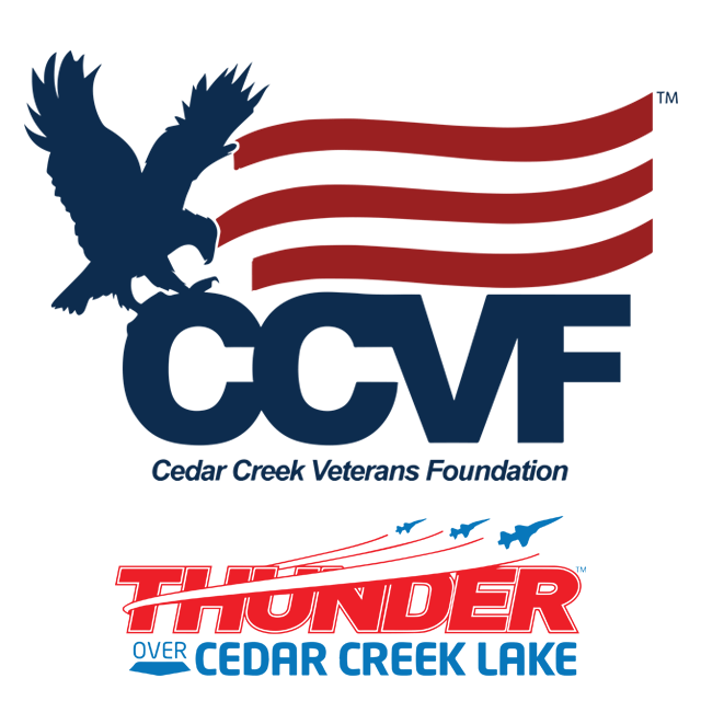 A logo for the cedar creek veterans foundation and thunder over cedar creek lake.